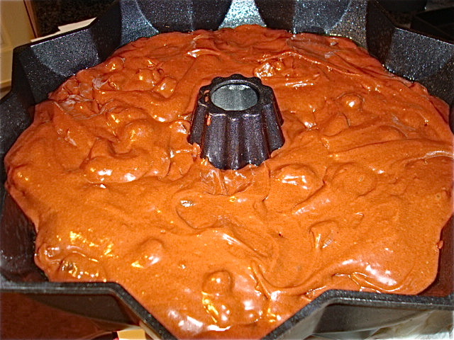 Add the cake batter to your greased pan