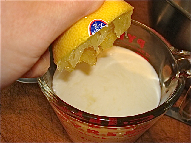 Add the lemon juice to the milk and let it sit for a minute to sour