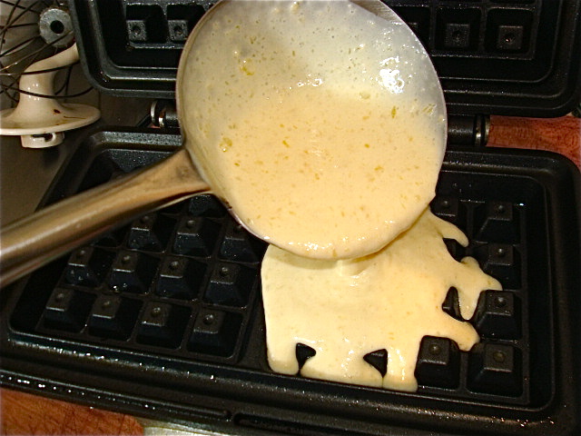 Pour the batter onto your hot waffle iron