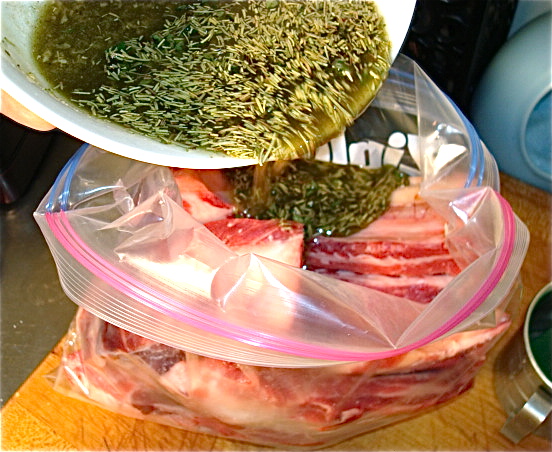 Pour the marinade over the beef ribs