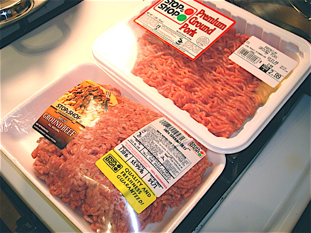 Start with about a pound each of ground pork and beef