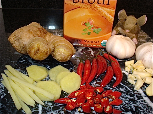 Fresh ginger, chilis, garlic and Pacific Brand chicken stock