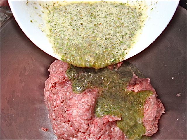 Pour the egg mixture over the meat