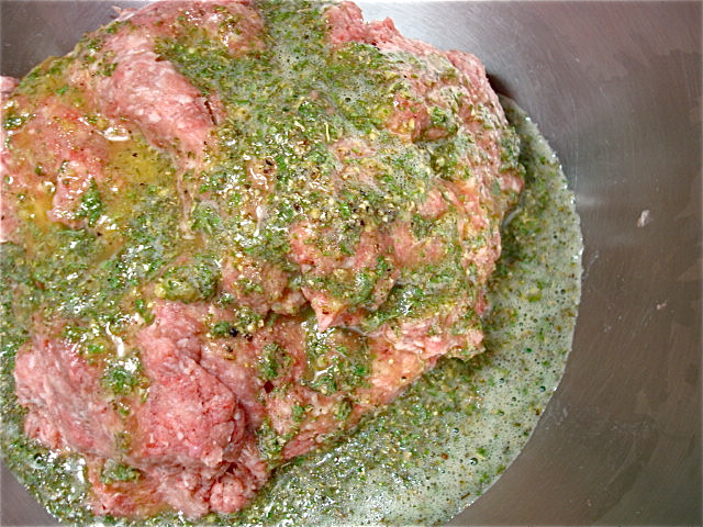 Ground meat and herbed egg mixture
