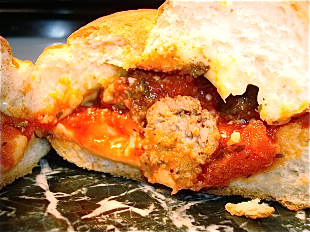 Meatball sub with quick marinara and lots of melted cheese