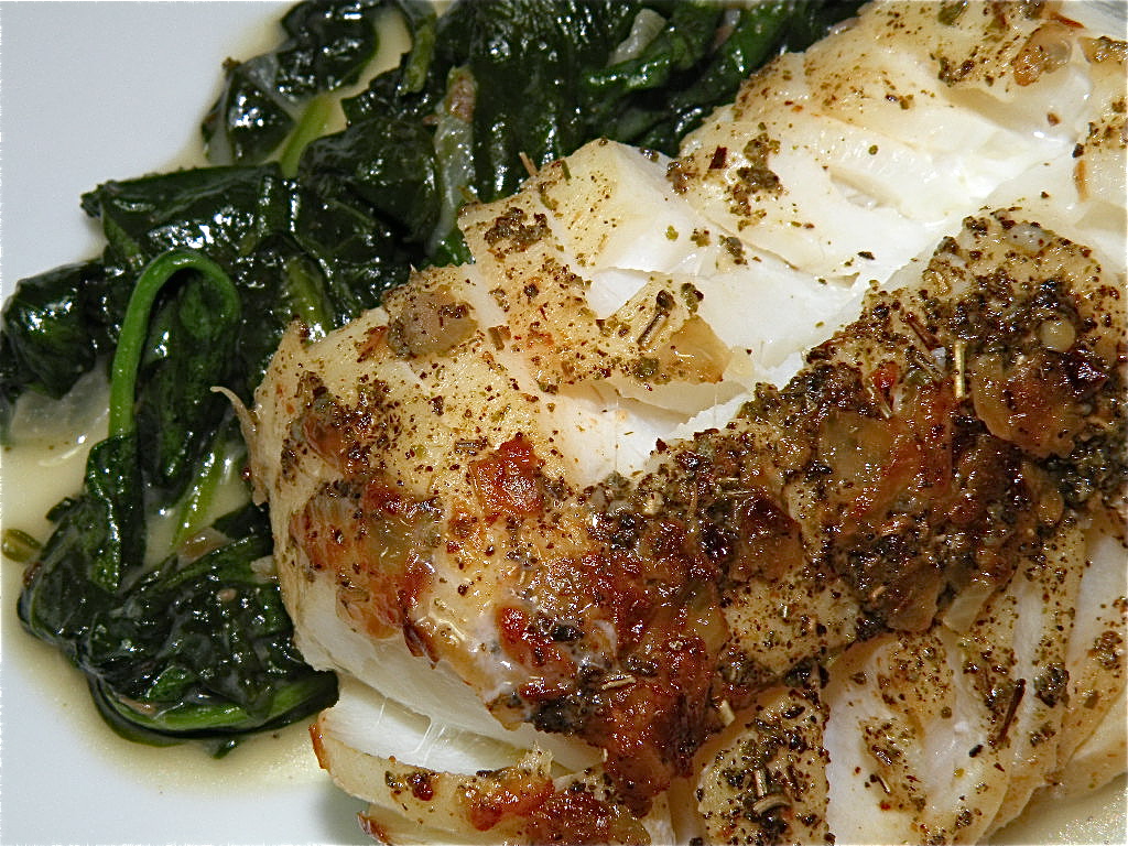 Sauteed Cod with Garlic-Shallot Butter and Drunken Spinach