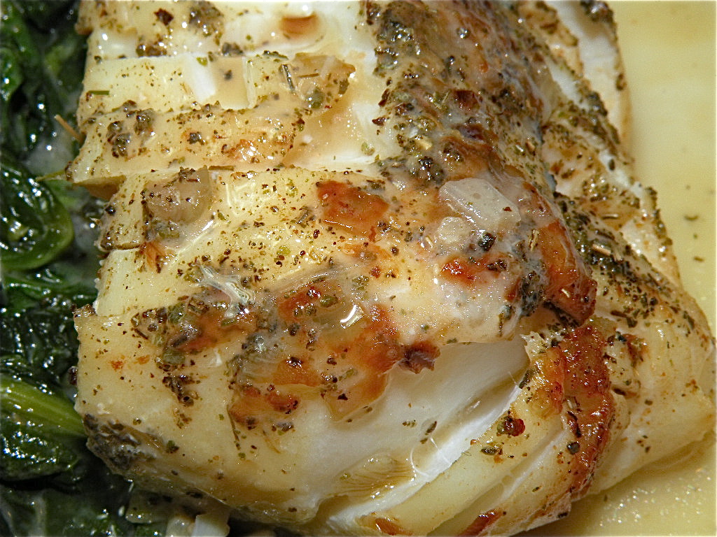 Sauteed Cod with Garlic-Shallot Butter and Drunken Spinach