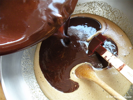 pour the melted chocolate into the egg mixture pour the melted chocolate into the egg mixture